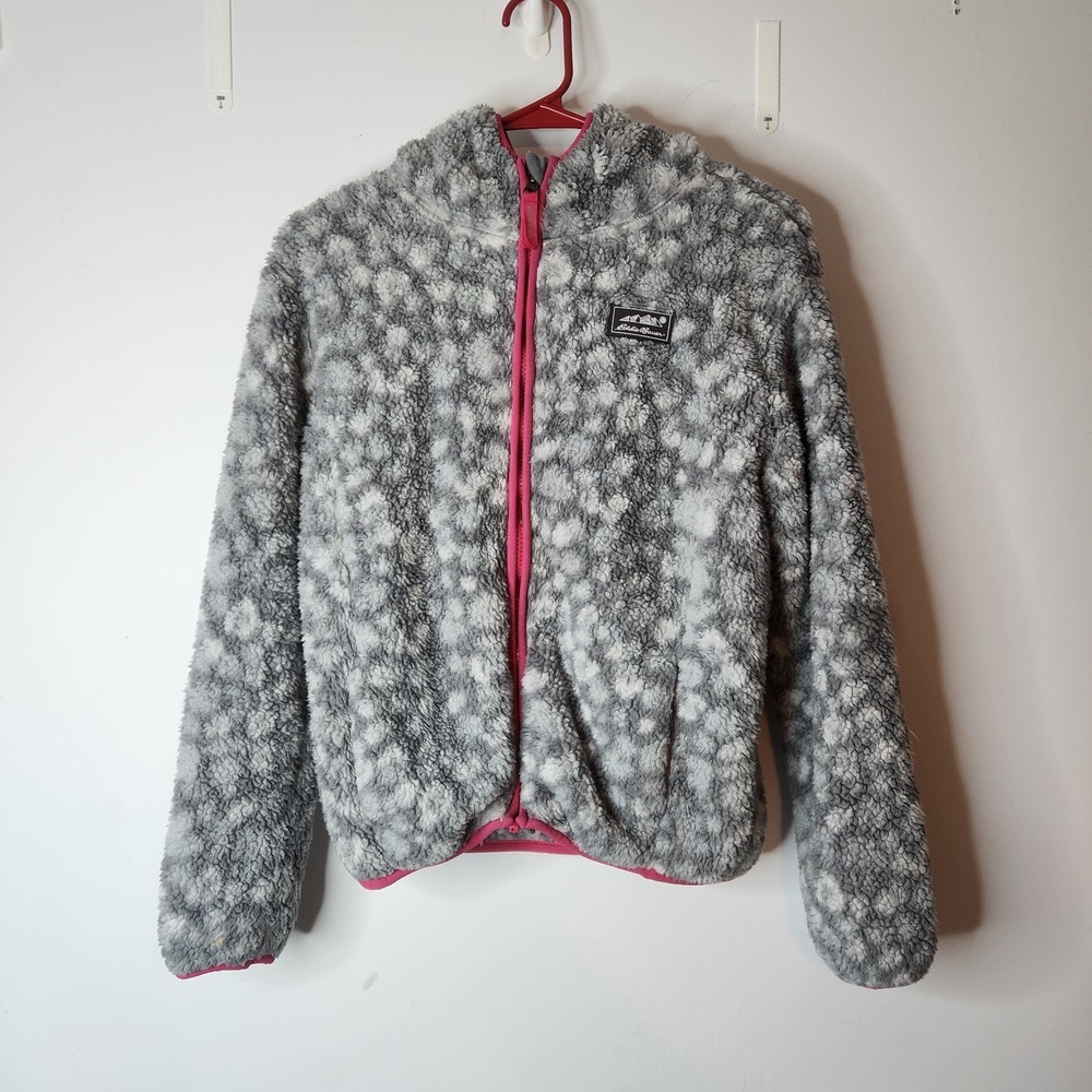 Eddie Bauer Kids Grey White Patterned High Pile Fleece Full Zip Hoodie M 10-12